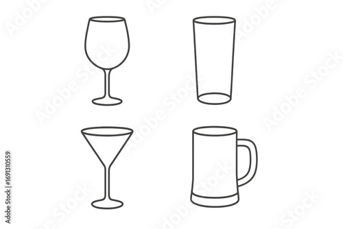 Drinking glass line icon set. Collection of simple outline vector icons for bar menu or app. Includes wine glass, beer mug, cocktail, and water glass. Editable stroke glassware.