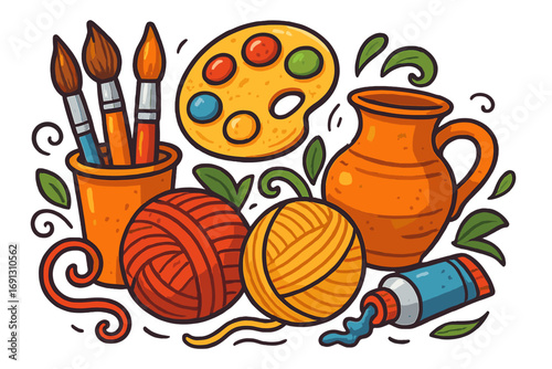 Arts and crafts supplies concept with tools for creative hobbies. Vector illustration of painting, knitting, and pottery items like brushes, palette, yarn, and a clay pot.
