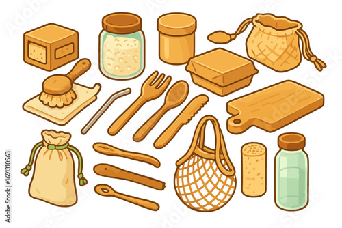 Zero waste kitchen essentials for sustainable lifestyle. Eco friendly isometric vector set. Reusable plastic-free utensils, containers, bags. Ecology concept illustration.