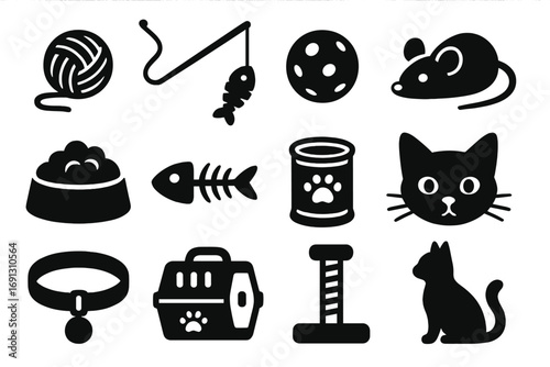 Cat pet care black glyph icons set. Vector silhouette illustration of domestic animal accessories, food and toys. Feline collection with carrier, collar, fish, and ball.