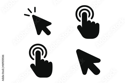 Computer mouse cursor, hand tap and click vector icon set. UI, UX design element collection. Finger touch screen gesture, pointer arrow, press button solid pictogram group.