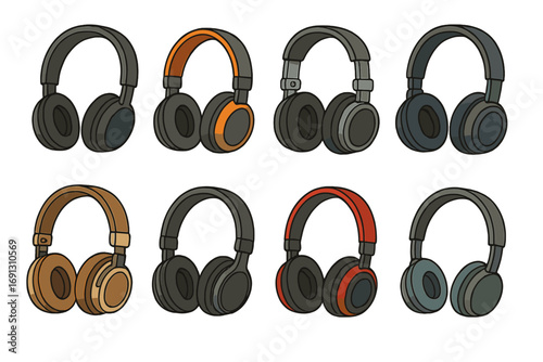 Headphones vector set. Collection of colorful cartoon audio headsets for music, gaming, and podcasts. Diverse designs of modern sound accessories, technology and gadgets.