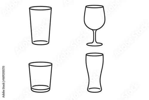 Drinking glass line icon set. Wine, beer, water and cocktail glasses. Simple outline vector illustration collection for bar menu, restaurant, web design. Editable stroke.