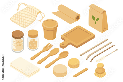 Zero waste kitchen essentials for sustainable living. Eco friendly reusable items set. Plastic free concept with wooden utensils, glass jars, and natural packaging. Isometric vector.