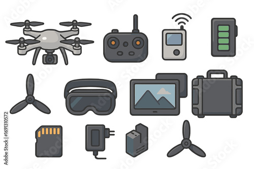 Drone technology and photography icon set. Vector cartoon illustration of quadcopter, remote control, FPV goggles, battery, and other digital gadgets and accessories for aerial filming.