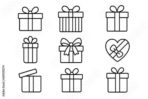 Gift box line icon set. Present pack with editable stroke. Simple outline vector illustration for birthday, christmas, or anniversary celebration. Surprise package symbols.