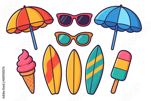 Summer beach vacation icon set. Vector cartoon illustration of surfboard, ice cream, sunglasses, umbrella. Holiday travel flat design elements. Surfing and sunbathing concept.