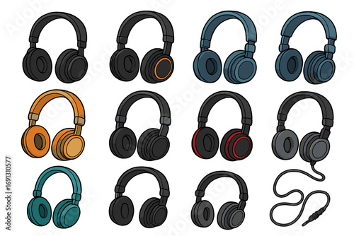 Headphone vector set cartoon illustration. Diverse audio headset designs for music, gaming, podcast. Earphones with earpads and jack plug. Isolated sound equipment icons.