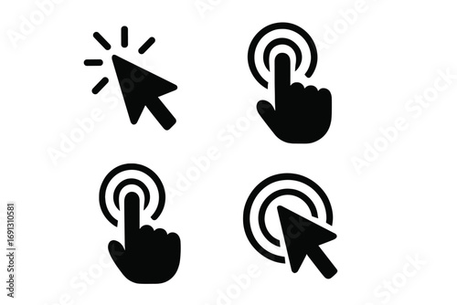 Click cursor and hand touch icon set. Finger tap and mouse pointer arrow symbols for UI UX design. Computer interaction graphic collection for web and mobile app buttons. Vector glyph.