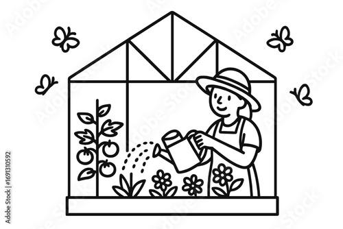 Gardener watering plants in a greenhouse. Woman with watering can caring for tomatoes and flowers. Vector line art illustration for gardening, hobby, and horticulture concept.