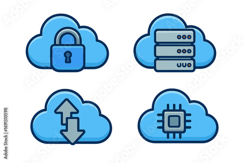 Cloud computing icon set. Vector cartoon illustration. Data storage, server hosting, secure connection and processing. API, data transfer, download and upload symbols.