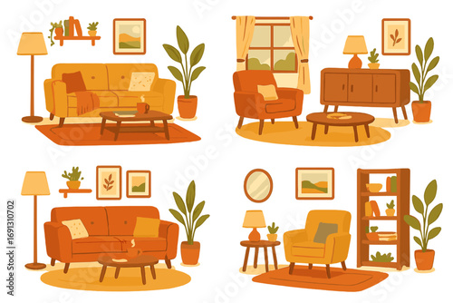 Vector cartoon illustration set of cozy living room interiors. Modern furniture, warm colors, home decor ideas for comfort and hygge lifestyle. Sofa, chair, plants elements.