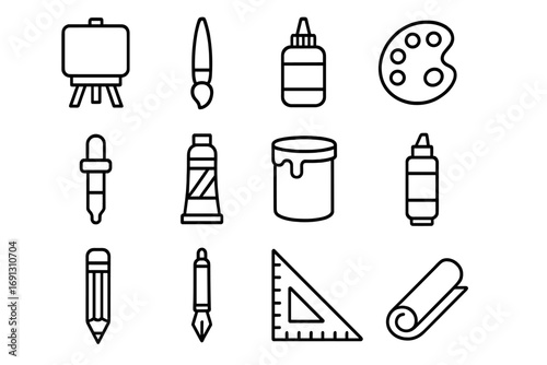Art tools line icon set. Creative supplies for painting and drawing collection. Vector outline icons of easel, brush, palette, paint tube, pencil, and pen for design. Simple minimalist pictogram pack.