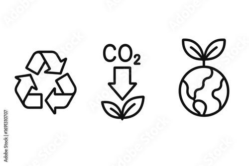 Eco-friendly icons set for sustainability. Linear vector graphics for recycling, CO2 reduction, and environmental concepts. Carbon footprint, green energy, and ecology symbols.