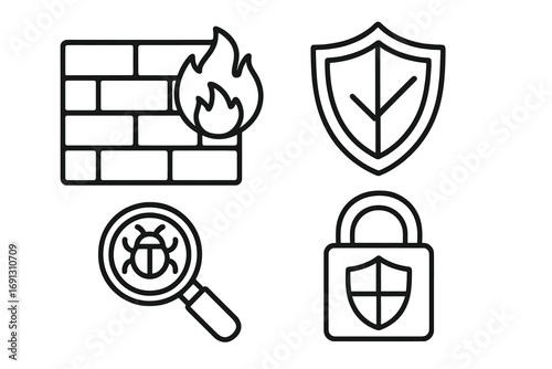 Cybersecurity icon set in line art style. Firewall, shield, bug detection, and secure lock. Vector symbols for internet security, data protection, antivirus, malware, network safety.