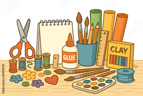 Art and craft supplies for creative workshop or school class. Vector illustration with scissors, paint, glue, clay, and sketchbook for DIY projects and handmade hobbies.