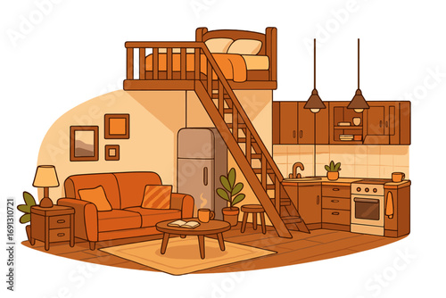 Cozy small loft apartment interior design. Vector illustration of a tiny house with kitchen, living room, and mezzanine bed. Functional furniture in warm colors.