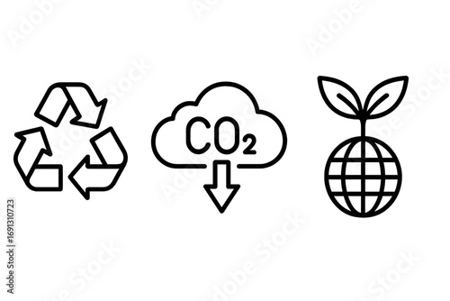 Eco friendly line icon set. Recycling symbol, CO2 reduction sign, and green earth planet logo. Vector graphic for sustainability, ecology, and environmental conservation concept.