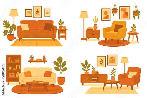 Set of cozy living room interiors with modern furniture. Home decor collection. Vector cartoon illustration. Sofa, armchair, plants, and mid-century style furniture design.
