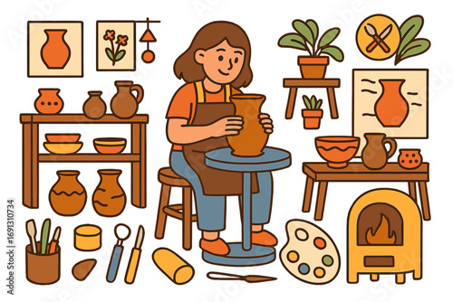 Pottery workshop icon set. Woman potter makes a clay pot on a wheel. Handmade ceramics craft hobby. Creative artist studio with tools and kiln. Vector cartoon illustration.