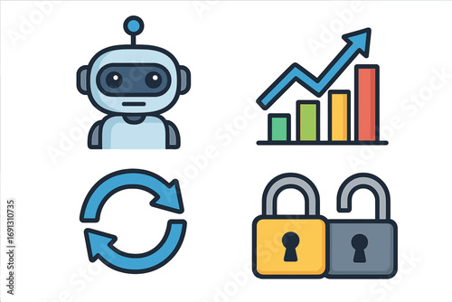Finance tech icon set. Robot for AI automation, growth chart for data analytics, sync arrows for workflow, and padlocks for cybersecurity. Vector business concept.