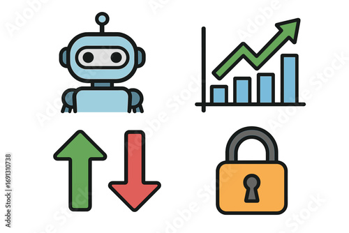 Finance and technology icon set with robot for AI trading, growth chart for stock market analysis, up and down arrows for data transfer, and lock for cyber security. Vector.