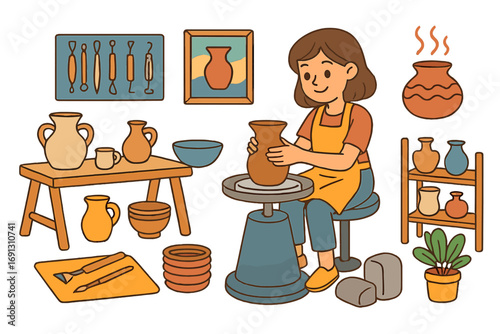 Pottery making vector set. Woman artisan at potter's wheel in a workshop. Handmade ceramic craft, hobby concept. Clay sculpting tools, vase, and pot icons for creative work.