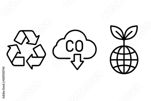 Eco friendly icons for sustainability. Linear icon set with recycling symbol, co2 reduction sign and green planet earth. Ecology and environment vector illustration concept.