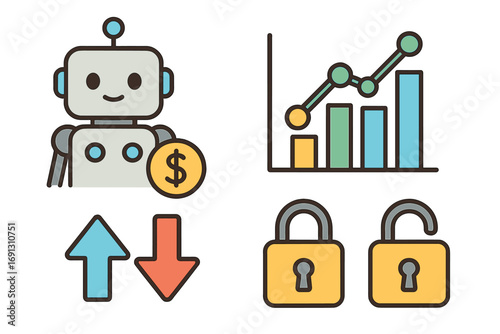 Finance and tech icon set with cartoon robot, growth chart, up and down arrows, and security locks. Vector icons for fintech, AI trading bot, data analysis, and cybersecurity.