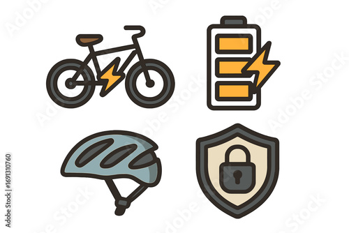 Electric bicycle icon set for web and mobile. E-bike concept with battery charge, safety helmet, and security lock symbols. Vector cartoon illustration for eco transport.