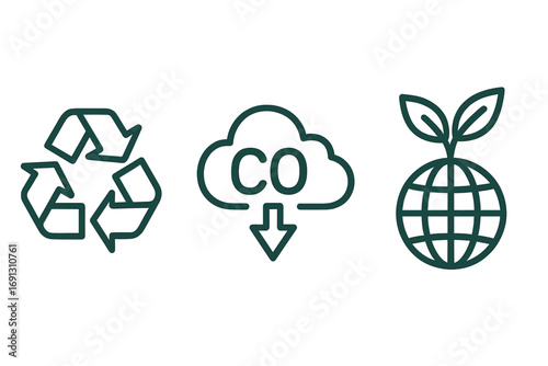 Set of eco-friendly icons for sustainability. Linear vector symbols for recycling, CO2 reduction, and green planet. Environmental conservation and ecology concept design.