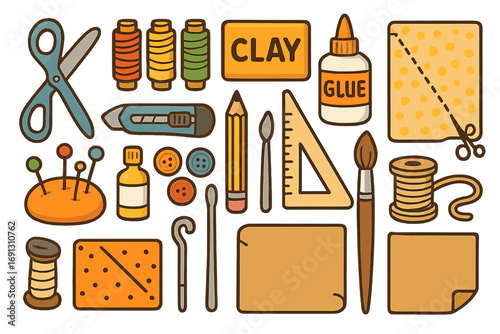 Crafting tools and art supplies collection for creative projects. Vector set with scissors, thread, clay, glue, buttons, and pencil for DIY hobbies and handmade activities.