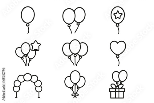 Balloon line icon set for party and celebration. Simple vector outline symbols for birthday and holiday. Includes gift, heart, star, and arch. Editable stroke illustrations.