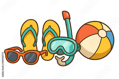 Fun summer beach essentials for relaxation and play. Vector cartoon illustration with sunglasses, flip flops, snorkel gear, and a beach ball. Vacation and travel concept icons.
