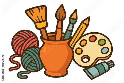 Creative arts and crafts concept with tools for creativity. Vector of paint brushes, palette, yarn, and pottery for hobby, workshop, or handmade projects. DIY theme.