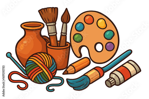 Arts and crafts tools vector illustration. Creative hobby supplies concept with paint palette, brushes, yarn, pottery and pencil for handmade projects and artistic work.