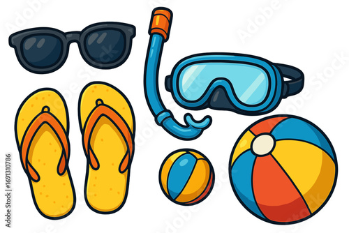 Summer beach essentials icon set for vacation and travel. Fun cartoon vector illustration with sunglasses, flip flops, snorkel mask, and beach ball for relaxation and play.