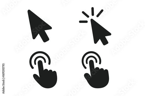 Cursor pointer arrow and hand finger tap icon set. Click and touch screen symbol collection for digital interface. Mouse select button for web design, app, ui, ux. Vector