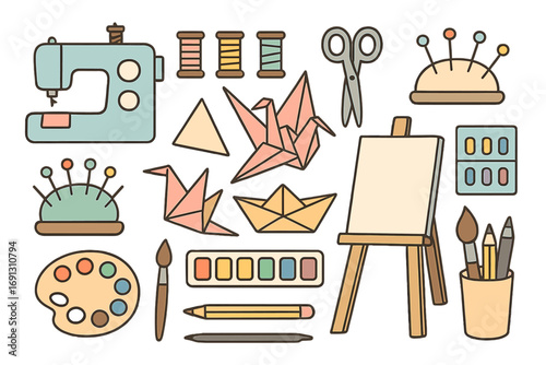 Craft hobby set with sewing machine, art supplies for painting, and origami. Creative tools collection with easel, palette, paper crane. Vector cartoon flat illustration.