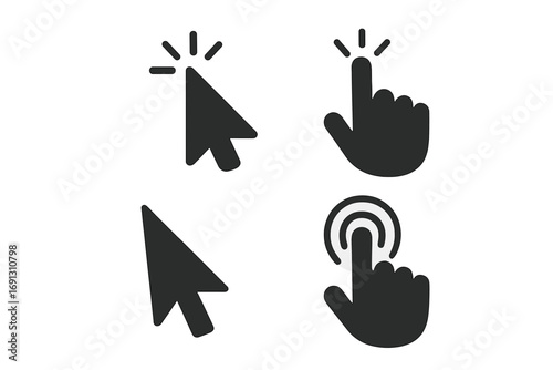 Cursor and pointer icon set. Hand finger press and tap button. Click arrow and mouse select symbol. Vector silhouette for web, computer UI and UX design interface.