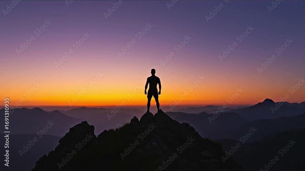 Silhouette of a person standing atop a rugged mountain peak against a vibrant sunset sky with purple orange and pink hues over distant mountain ranges Silhouette of a person standing atop a rugged mountain peak against a vibrant sunset sky with purple orange and pink hues over distant mountain ranges