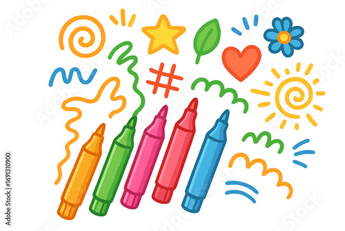Set of colorful markers drawing creative doodles. Kids art supplies for school. Hand drawn cartoon vector illustration with star, heart, sun and flower symbols. Back to school concept.