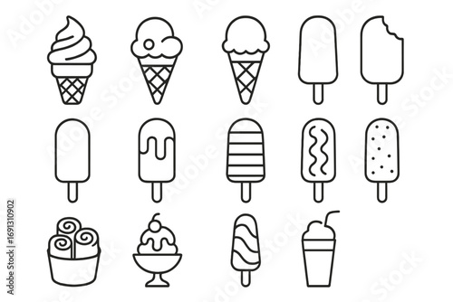 Vector ice cream icon set. Summer frozen dessert line icons. Soft serve, popsicle, scoop cone, gelato, sundae, milkshake. Editable stroke outline graphic elements for design.