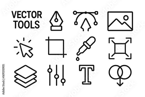 Vector tools outline icon set for graphic design. Line art collection of digital editing symbols like pen, crop, layers, text, eyedropper, and pathfinder for UI and web.
