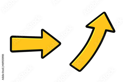 Yellow arrow icon set for growth and direction. Upward and right arrows symbolizing progress, success, and forward movement. Vector cartoon illustration for business and finance.