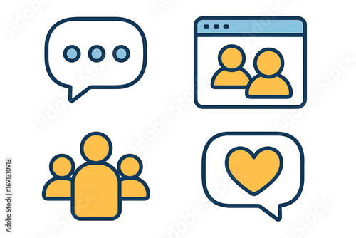 Digital communication icon set. Social media marketing elements. Vector line icons for chat, community, group, users, and likes. Online interaction and engagement symbols.