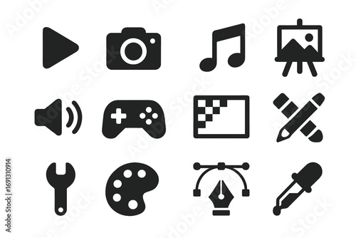 Minimalist black glyph icon set for multimedia and design. Vector symbols for web and app interface. Play, camera, music, art, game, settings, and graphic design tools.