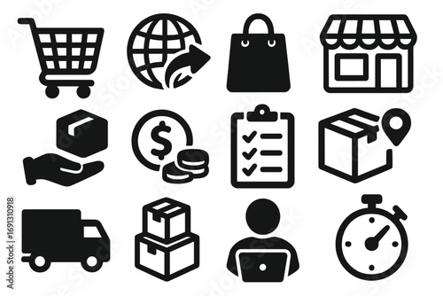 E-commerce icons set. Online shopping and logistics symbols. Worldwide shipping, delivery service, package tracking. Storefront, shopping cart, payment method. Vector business glyph icons.