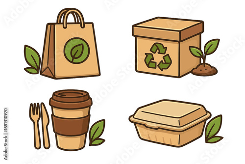 Eco friendly packaging icon collection. Sustainable food containers, paper bag, recycle box, reusable coffee cup, wooden cutlery. Zero waste, biodegradable concept illustration.