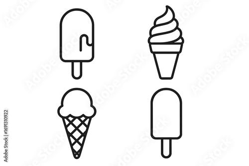 Ice cream icon set. Thin line vector graphic collection. Popsicle, soft serve and cone symbols for web and apps. Editable stroke. Summer dessert food concept illustration.